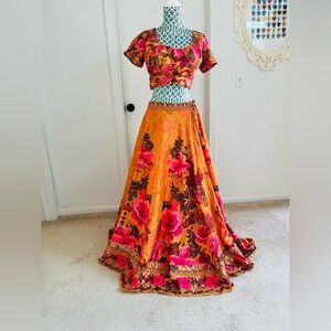 Ritu Kumar Floral Orange and Pink Lehenga set